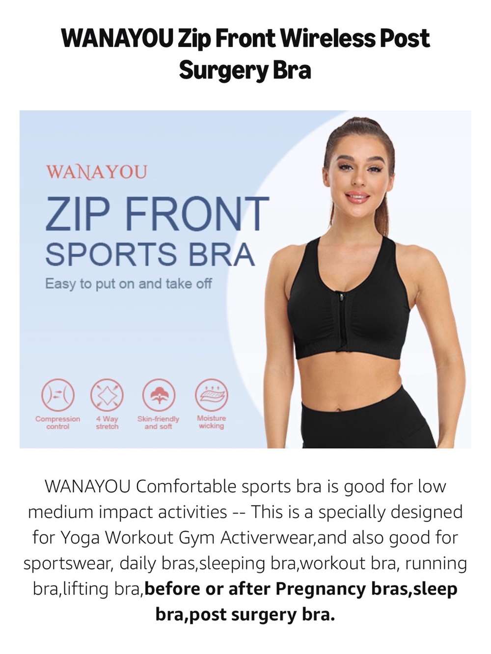 Black Front-Zip Wireless Sports Bra